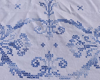 Vintage French rectangular linen tablecloth hand embroidered in cross stitch in blue cotton