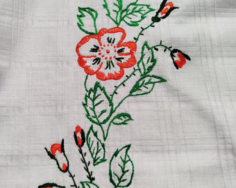 Vintage French tea tablecloth or centerpiece hand embroidered with red anemone flowers
