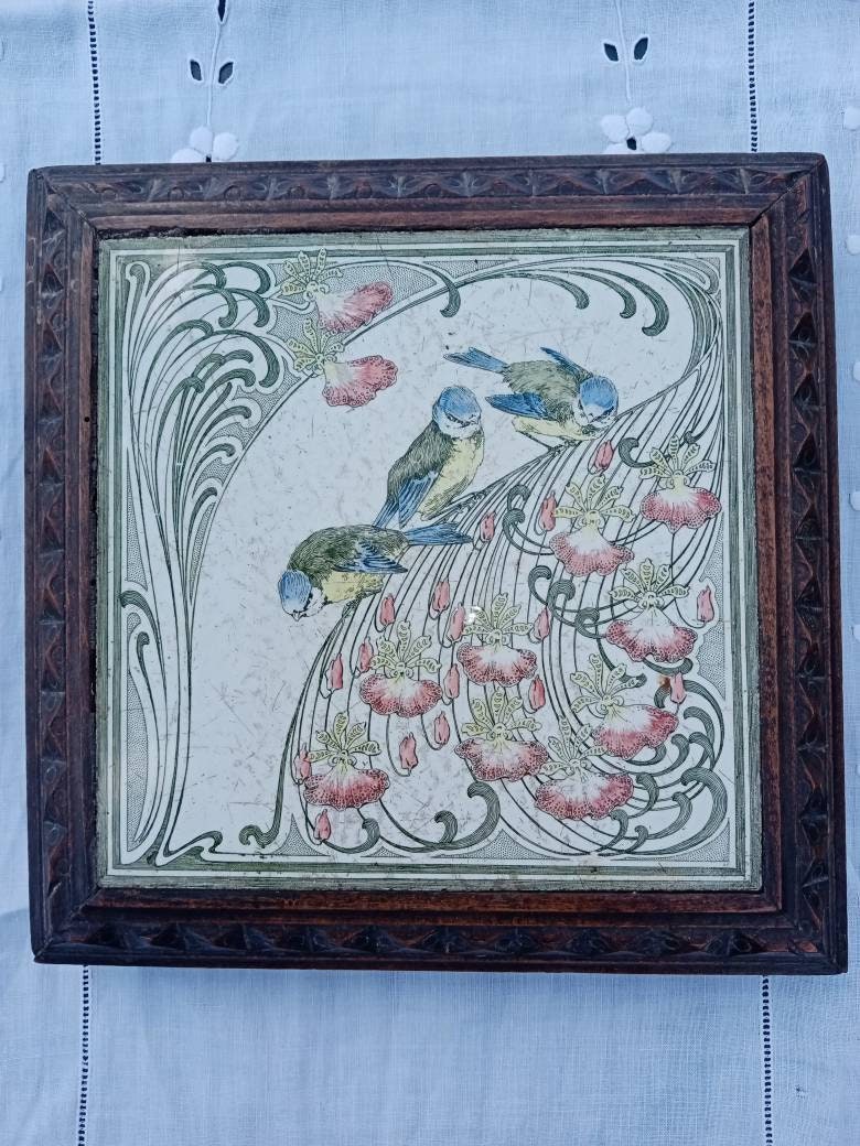 Dessous de Plat Ancien/Faïence Art Nouveau Décor Oiseaux