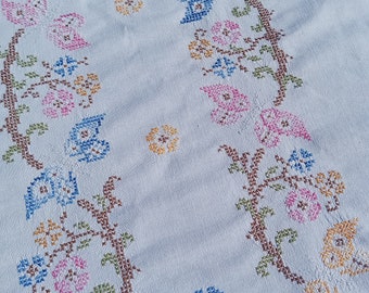 Vintage French rectangular tablecloth hand embroidered in cross stitch