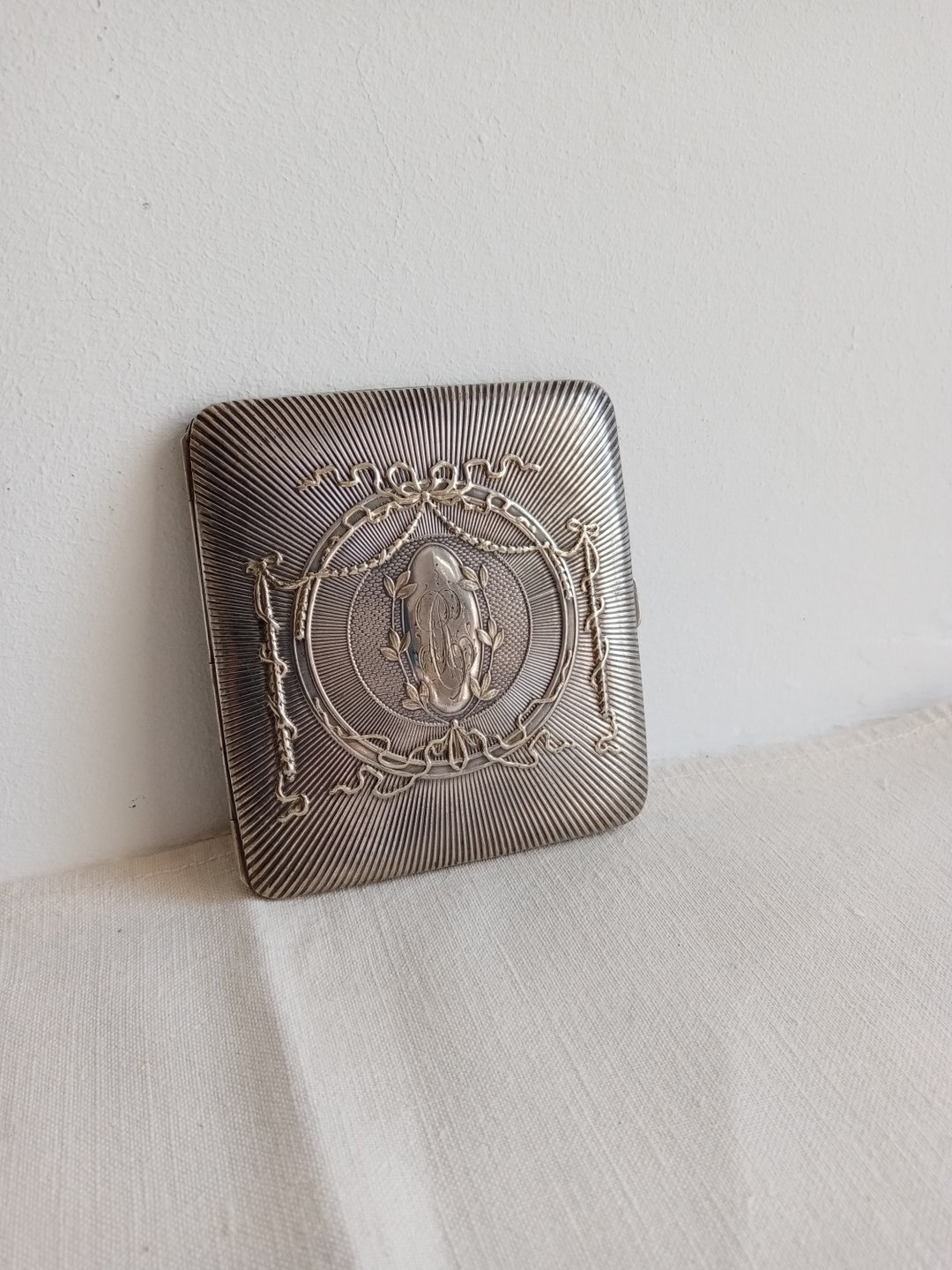 19th Century Silver-plated Alpaca Metal Cigarette Case With Louis XVI Style  Decoration and RC Monogram
