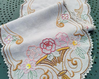 Art Deco hand-embroidered linen table runner