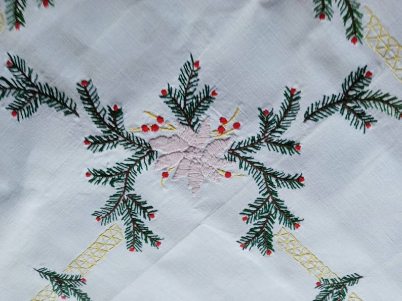 Vintage French hand embroidered rectangular Christmas tablecloth image 2