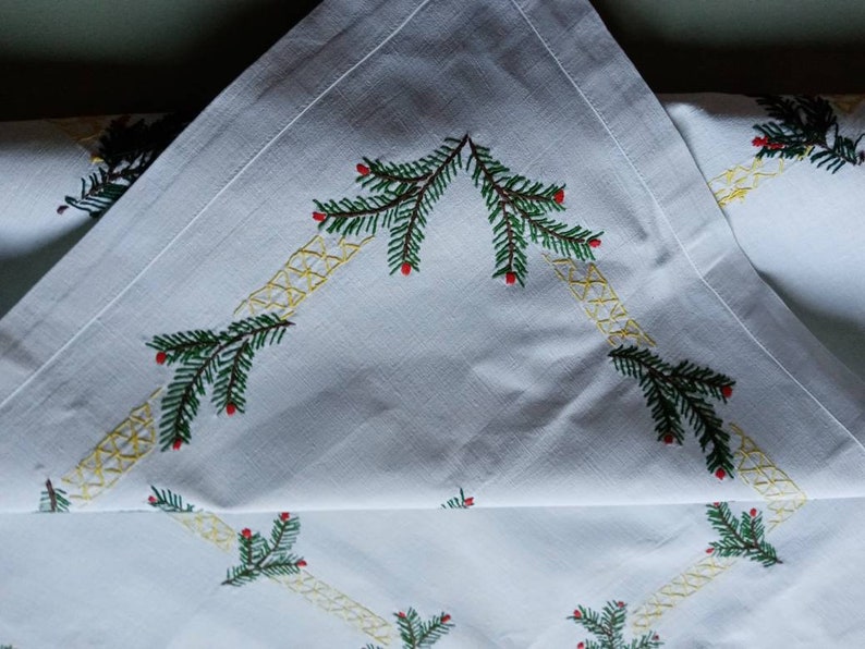 Vintage French hand embroidered rectangular Christmas tablecloth image 3