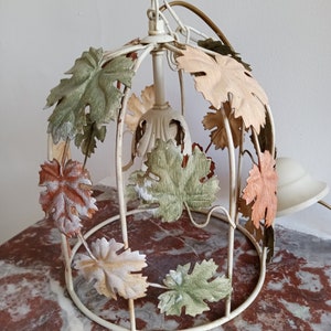 Vintage 60s metal cage chandelier with autumn vine leaf decor