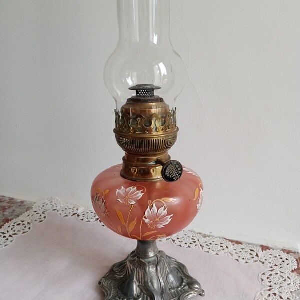 Vintage français lampe à pétrole en verre émaillé 1900 Art nouveau Matador