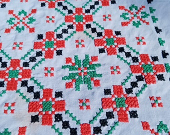 Vintage French Square Linen Tablecloth Hand Embroidered in Red, Green and Black