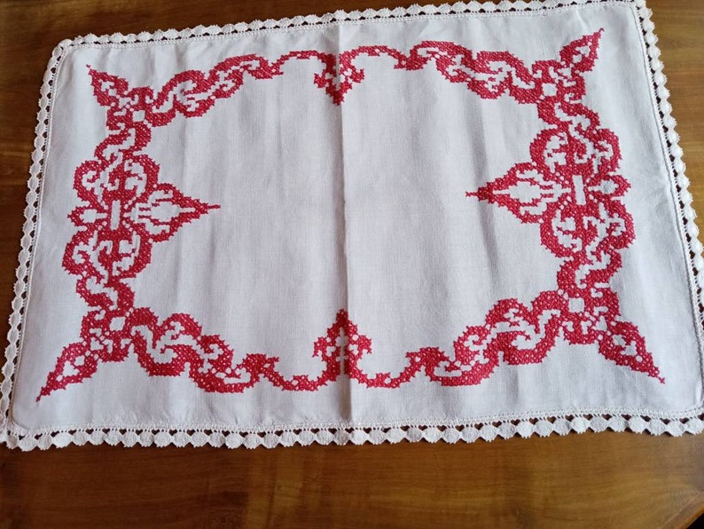 Vintage French hand-embroidered cross-stitch placemat image 3
