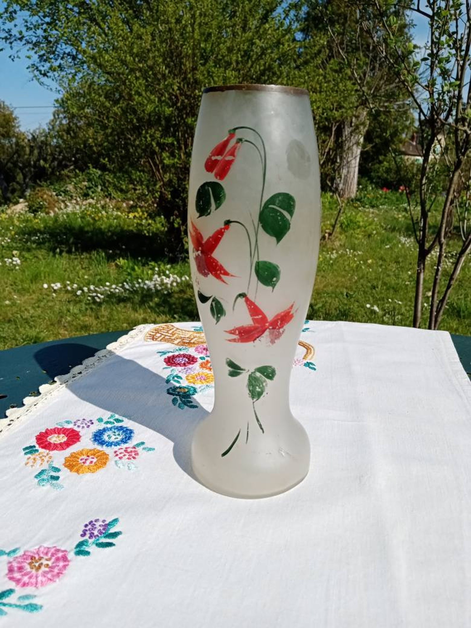 Vintage French Opaque Glass Vase Painted With Fushia Flowers Etsy UK