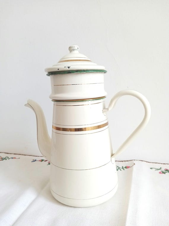 Théière-cafetière En Tôle émaillée Beige - Vintage, Métal émaillé - Occasion
