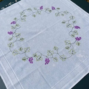 Vintage French hand-embroidered tea tablecloth decorated with grapes