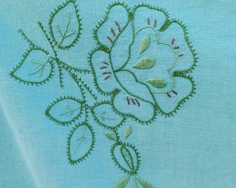 Vintage French hand-embroidered turquoise rectangular tablecloth