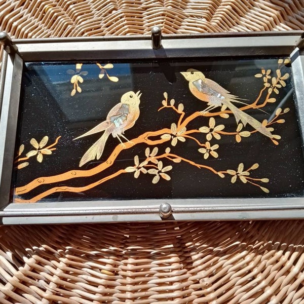 Vintage français plateau en verre et métal décor japonisant, oiseaux peints