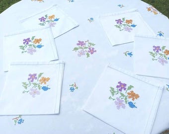 Vintage embroidered dinner service, square tablecloth and 6 napkins hand embroidered with cross stitch flowers