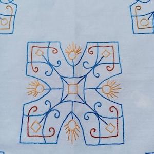 Large rectangular hand embroidered placemat with blue and orange art deco patterns