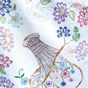 Vintage français nappe carrée brodée à la main de paniers de fleurs multicolores image 10