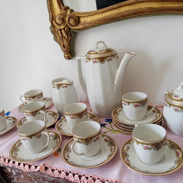 Vintage français service à café en porcelaine de Paris Mehun fleurs et doré