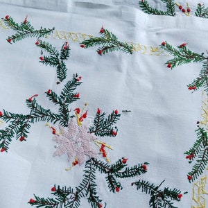 Vintage French hand embroidered rectangular Christmas tablecloth image 4