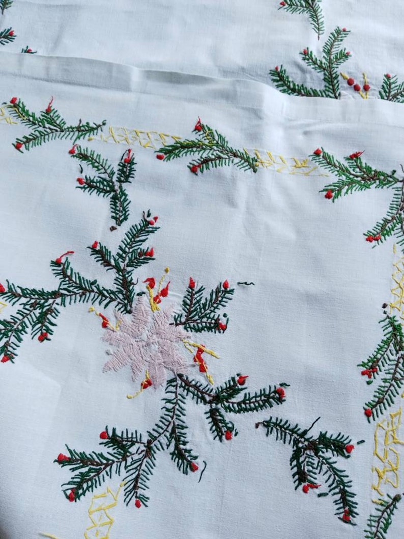 Vintage French hand embroidered rectangular Christmas tablecloth image 4