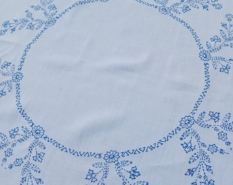 Vintage French tea tablecloth hand embroidered with blue flowers