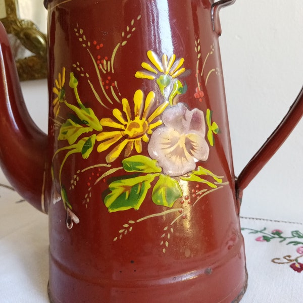 Vintage français cafetière ancienne en tôle émaillée de fleurs