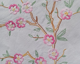 Vintage français chemin de table brodé main de fleurs de cerisiers