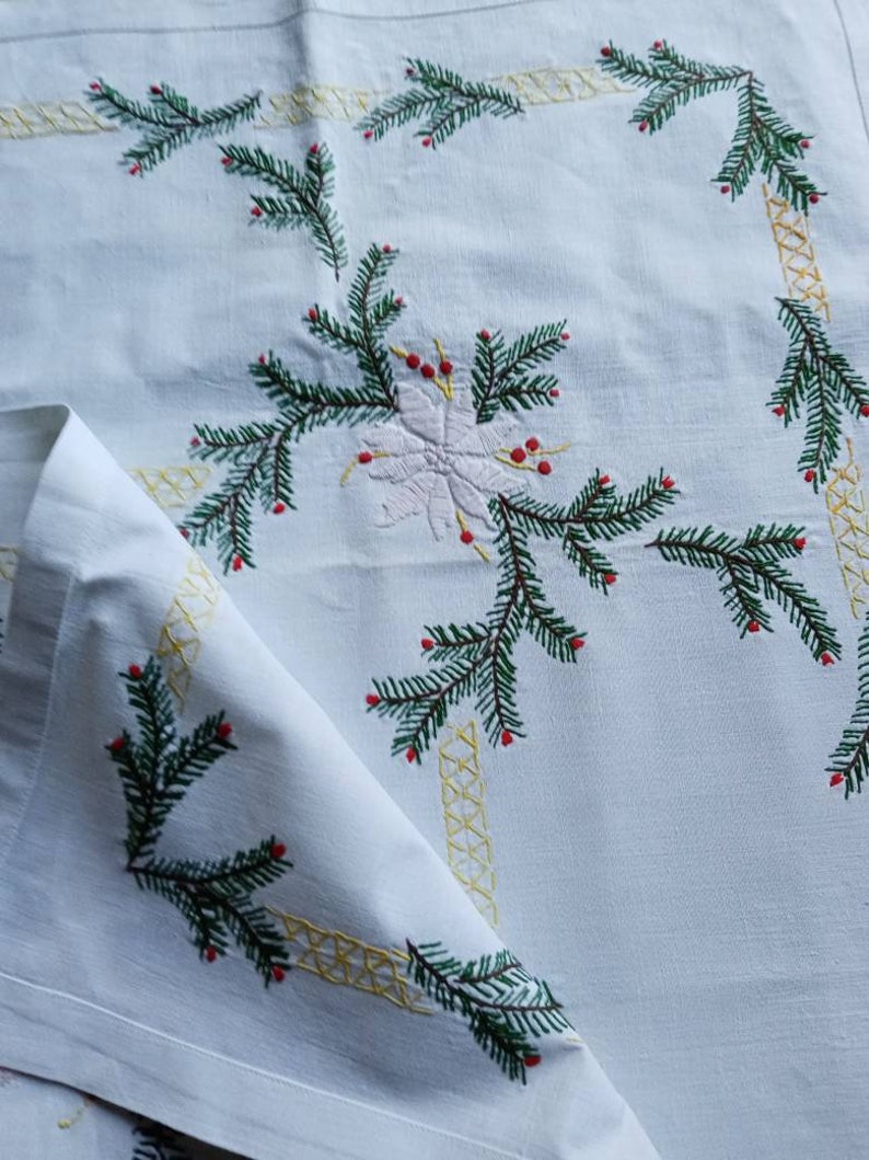 Vintage French hand embroidered rectangular Christmas tablecloth image 5