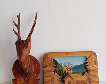Cadre En Bois Sculpté Fait Main – Thème Cerf – Style Art Déco Beige