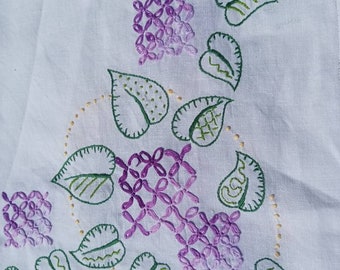 Vintage French, square tablecloth hand embroidered with stylized purple flowers