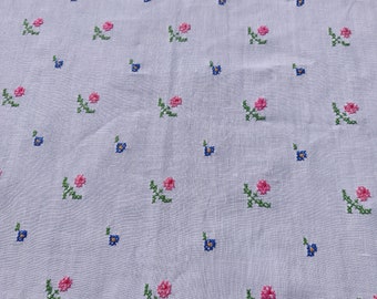 Vintage French rectangular linen tablecloth embroidered with flowers in cross stitch