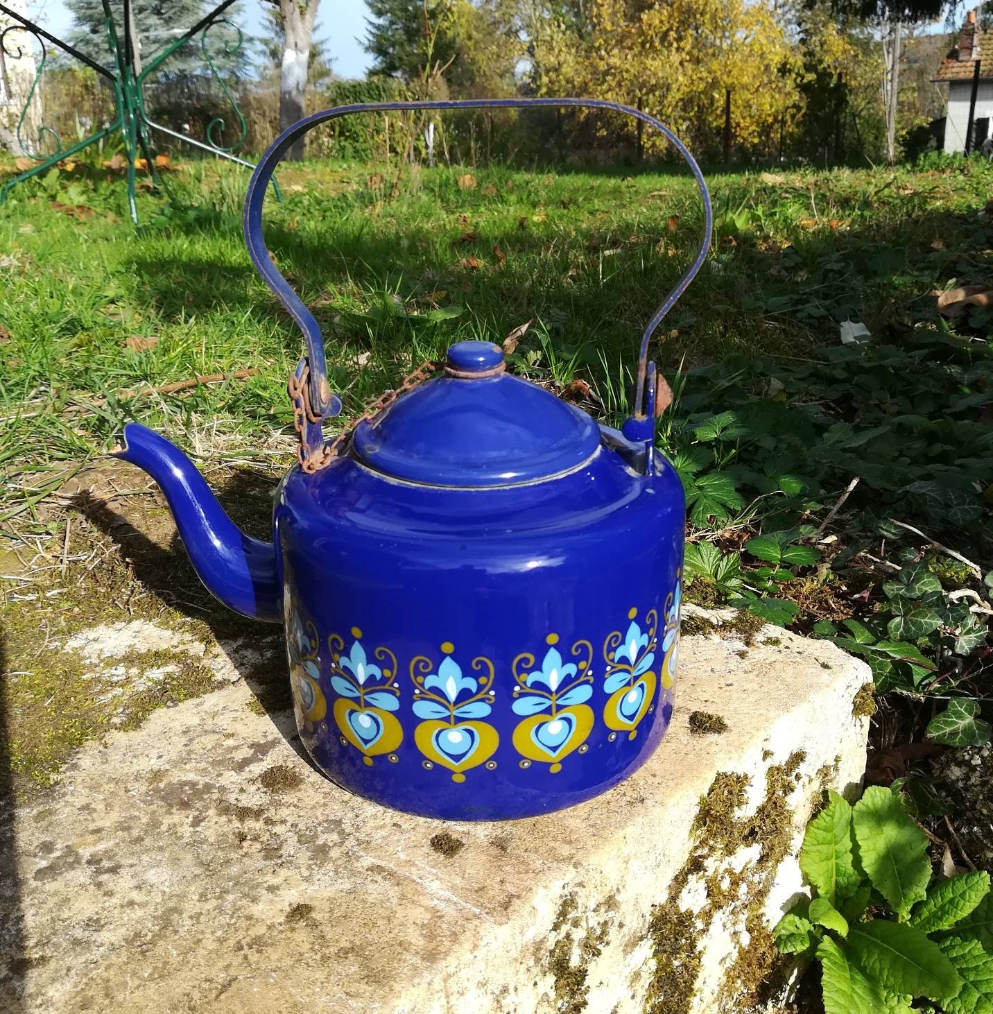 French Enamelware Bouilloire Vintage Français 60 en Tôle Emaillée