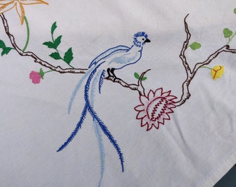 Vintage French hand embroidered tablecloth birds of paradise