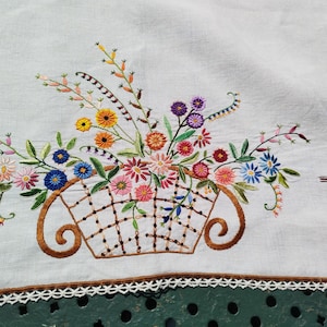 Large vintage linen buffet placemat hand-embroidered with flowers from the 1930s