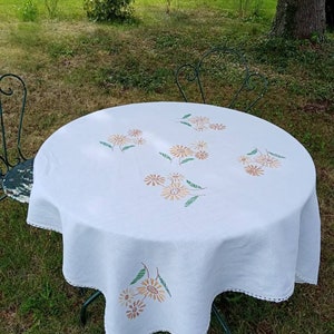 Vintage French square tablecloth hand embroidered with sunflowers flowers