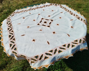 Vintage tea tablecloth or centerpiece hand-embroidered with openwork patterns