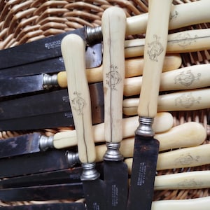 Peut inclure: Une collection de couteaux anciens avec des lames sombres et des manches crème. Les manches présentent un emblème décoratif gravé. Les couteaux sont disposés dans un panier en osier, créant une esthétique rustique.