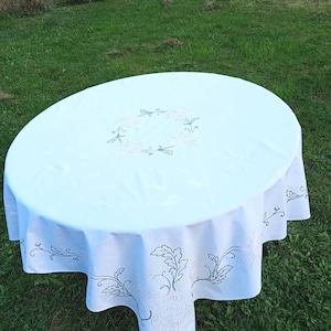 Vintage square tablecloth hand embroidered with pale pink flowers