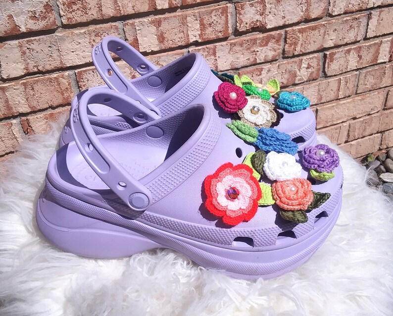 One of a kind embellished crochet flower shoe charms for foam clogs
