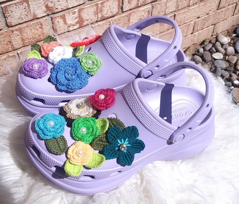 One of a kind embellished crochet flower shoe charms for foam clogs