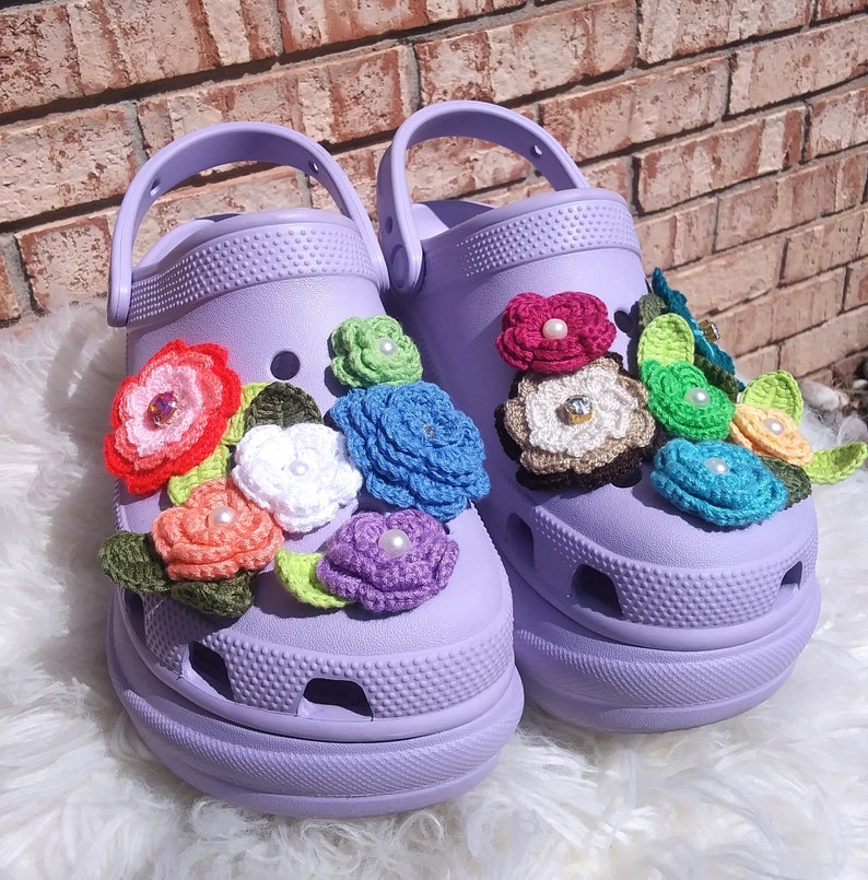 One of a kind embellished crochet flower shoe charms for foam clogs