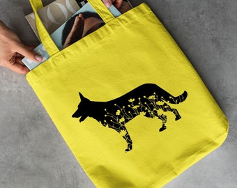 Bloemen Duitse herder Tote Bag, Dierenliefhebber Cadeau, Duitse herder Cadeau, Boodschappentas, Hond Moeder Cadeau, Hond Tote Bag, Zomer Tote Bag