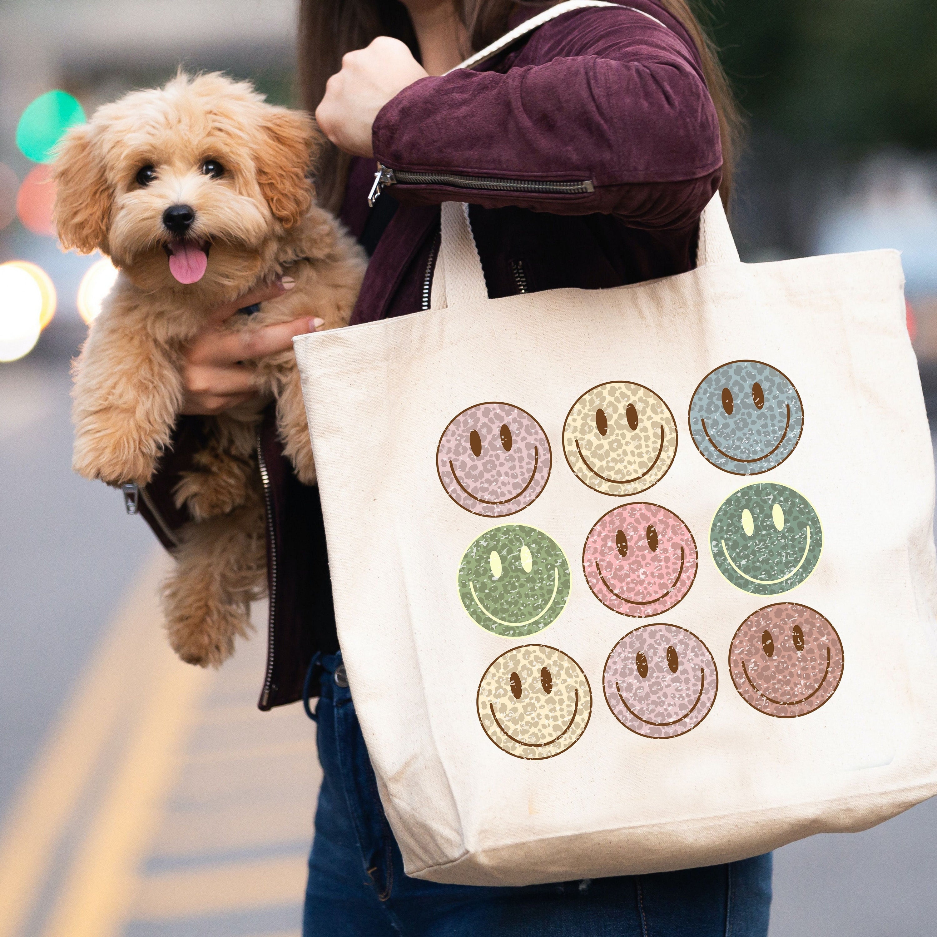 Just Smile Canvas Tote Bag cute Smiley Face Positive Quotes 