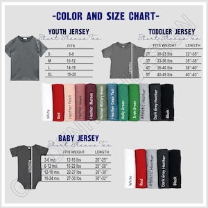 a baby jersey size chart with the names and colors