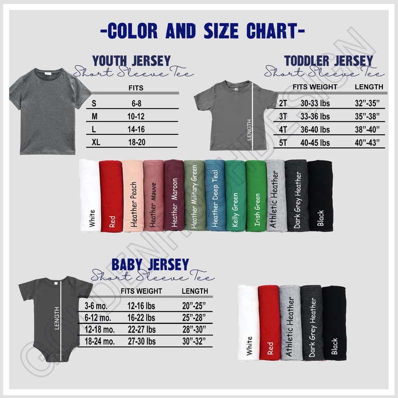 a baby jersey size chart with the names and colors