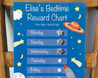 In to space Bedtime Reward Chart A4 durable re-usable reward chart with velcro fastening stars, for kids & toddlers at home or away.