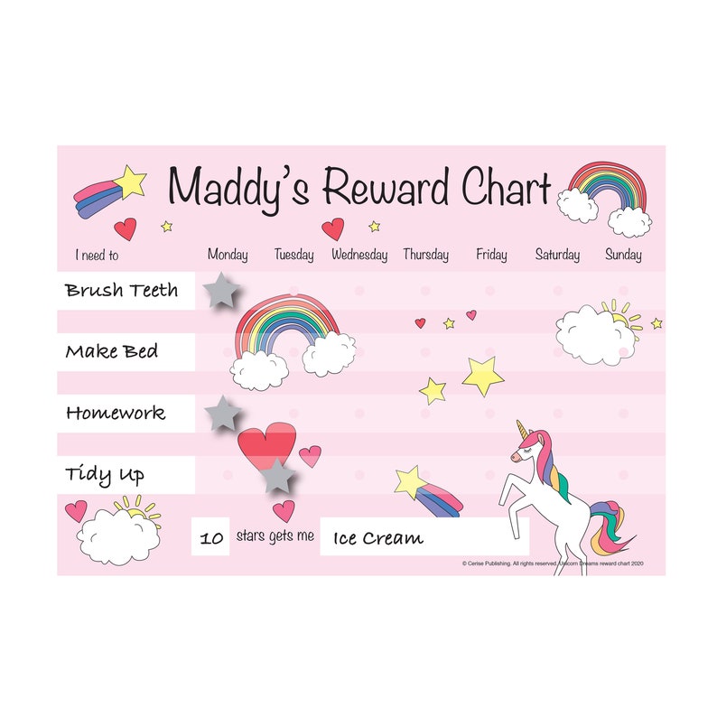 Magical Unicorn Adventure: Kids Reward Chart Customizable A4, Durable & Reusable Velcro Fastening Stars Ideal for Home or School image 2