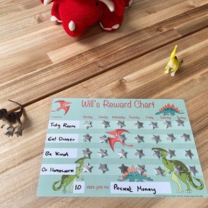 Girls or Boys Dinosuar Reward Chart A4 durable re-usable reward chart with velcro fastening stars, for kids & toddlers at home or away.