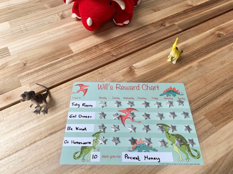 Girls or Boys Dinosuar Reward Chart A4 durable re-usable reward chart with velcro fastening stars, for kids & toddlers at home or away. image 1