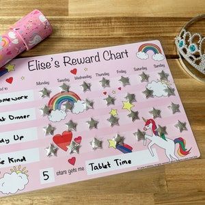 Magical Unicorn Adventure: Kids Reward Chart Customizable A4, Durable & Reusable Velcro Fastening Stars Ideal for Home or School image 1