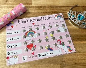 Magical Unicorn Adventure: Kids Reward Chart - Customizable A4, Durable & Reusable - hook loop Fastening Stars - Ideal for Home or School